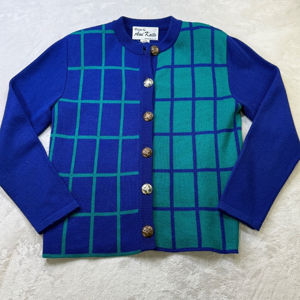 Vintage Ami Knits Petites Cardigan Sweater Blue Green Windowpane Colorblock 4